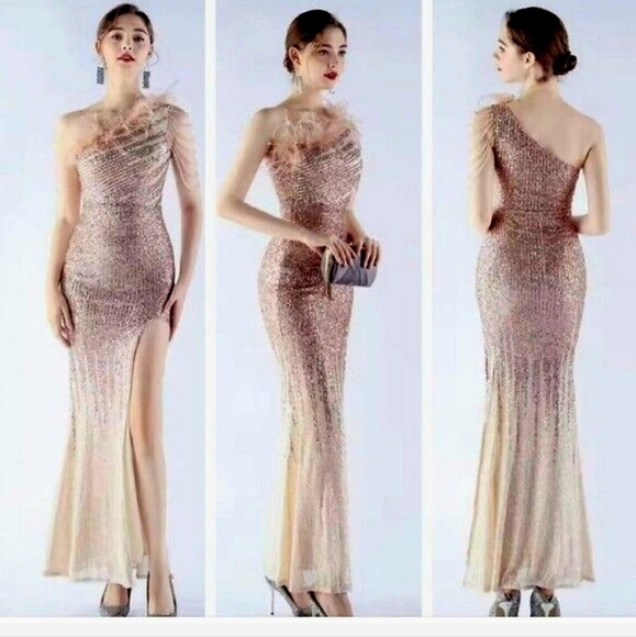 Gold, One Shoulder Beaded,Feather Neckline, Gradient Print,  Sequined Gown - Picture 1 of 14